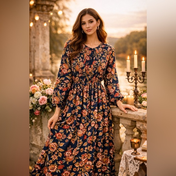 Serengeti Dresses & Skirts - Serengeti Jacobean Floral Pintuck 3/4 Sleeve Cottagecore Romantic Dress Size L